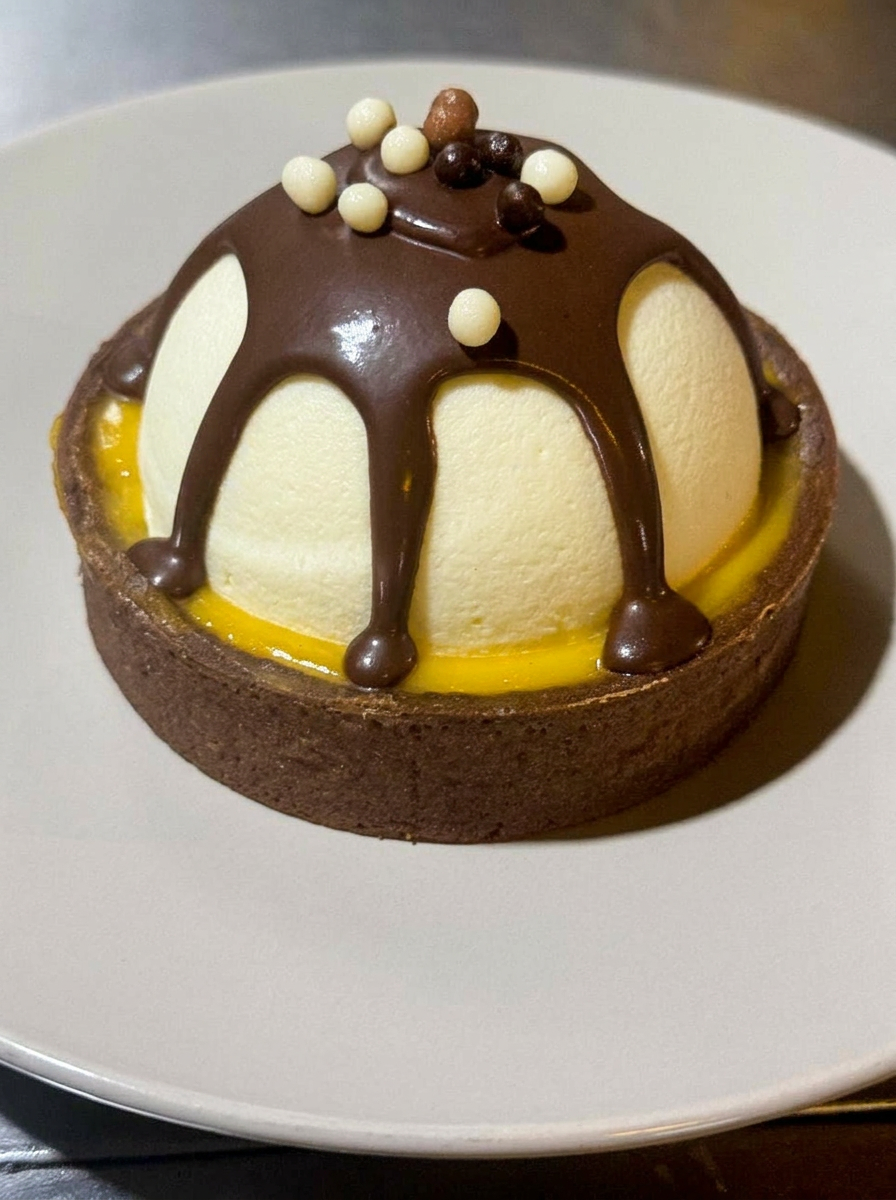 Vanilla mousse dome with chocolate ganache on a chocolate tart