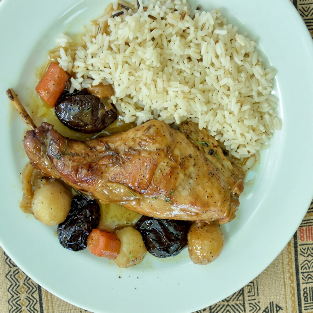 Slow-cooked rabbit with prunes and pilaf